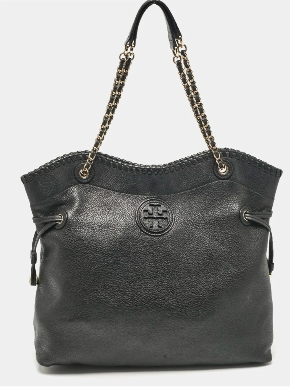 Tory Burch Black Pebbled Leather Tote with Gold Chain-Strap
